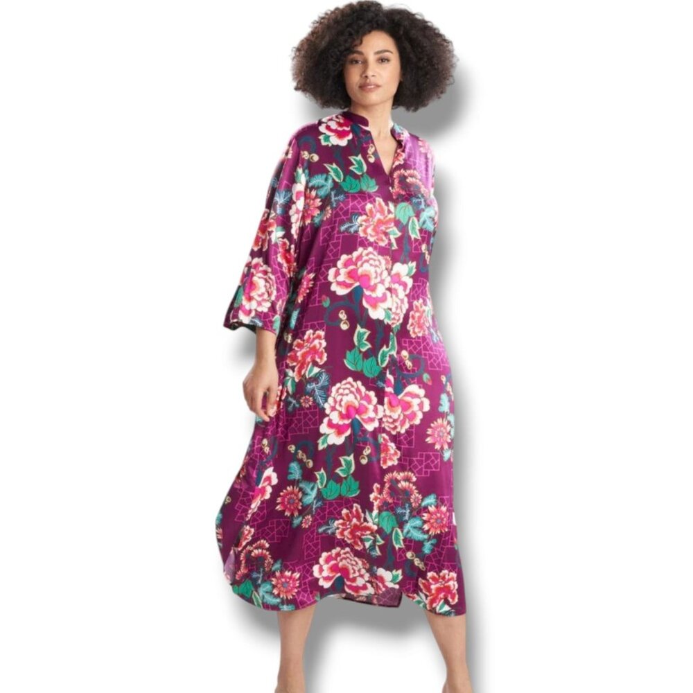 Natori Floral Purple Kimono Robe Side Pockets Lightweight Size XL Silky Longline